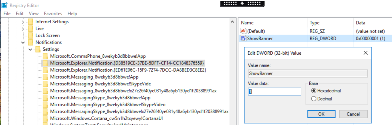 Screen capture showing the setting of the ShowBanner Windows registry key in the Registry Editor
