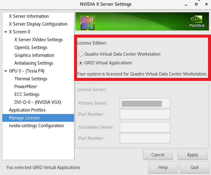Screen capture of the NVIDIA X Server Settings window showing incorrect licensing for vCS