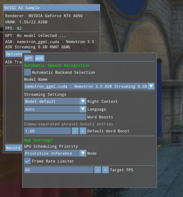 Streaming model settings in the ASR options panel