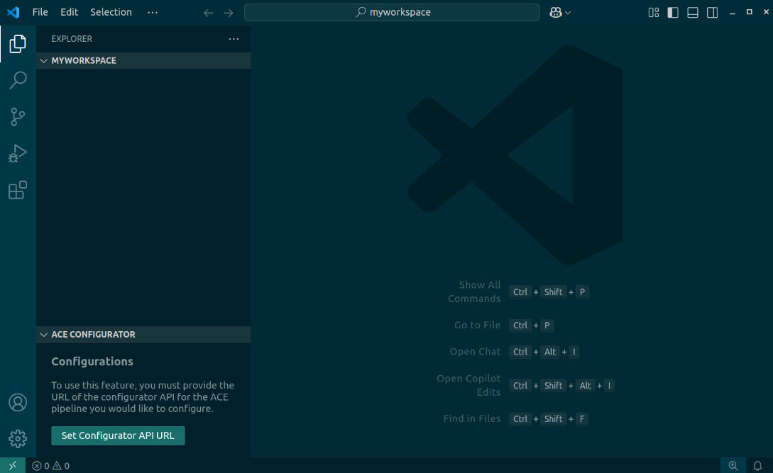 A screenshot of the extension's initial state in the VS Code desktop application. The panel is titled "ACE CONFIGURATOR" and contains a button titled "Set Configurator API URL"