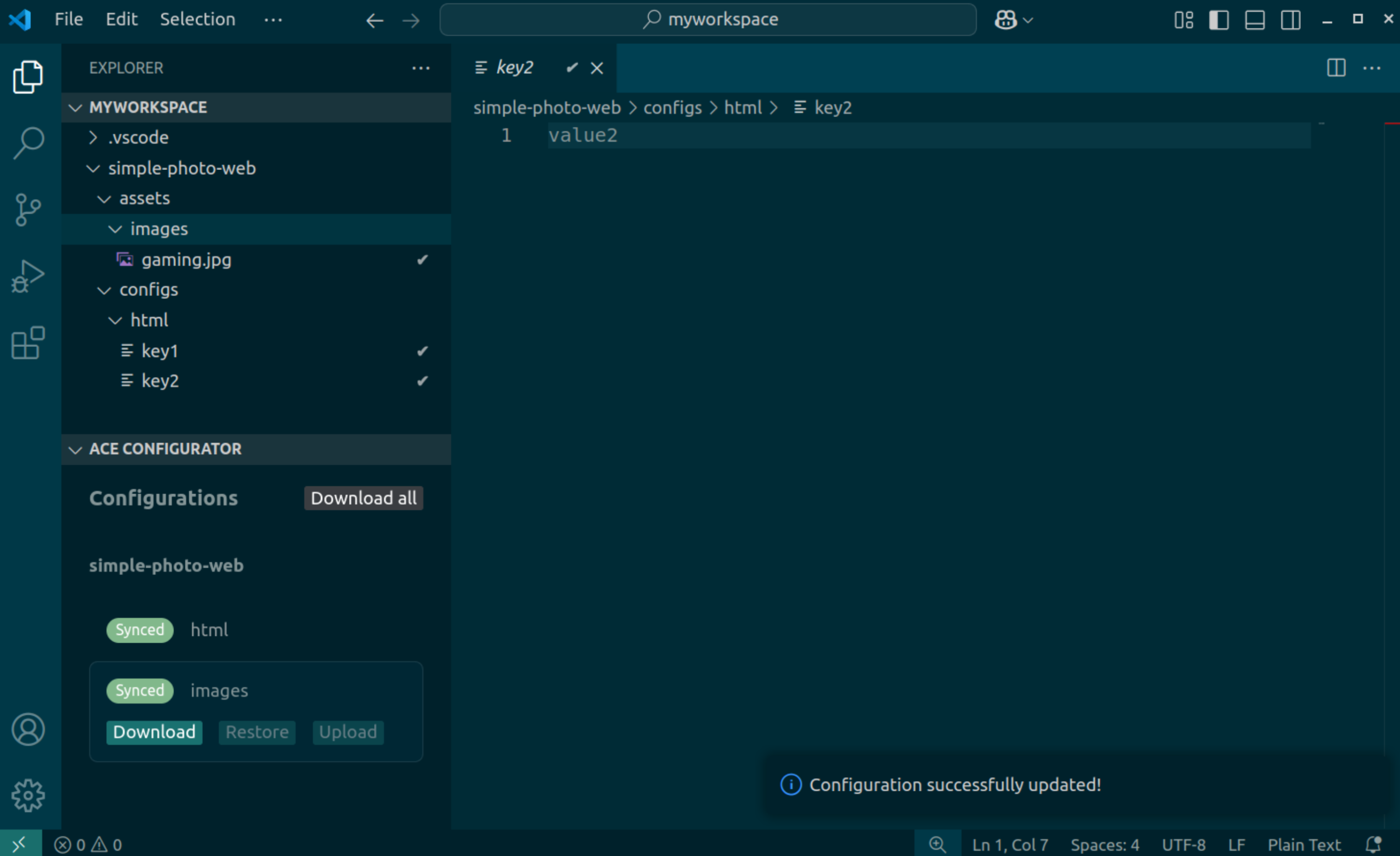 A screenshot of the extension's configurations screen after the user clicked "upload". A notification indicates that the configuration has been successfully uploaded. Both configurations are now in "synced" state.