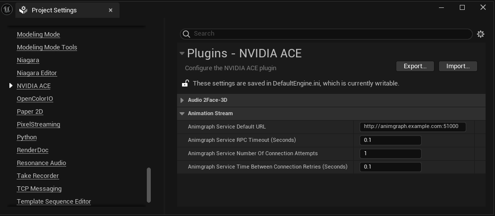 Animation Stream project settings