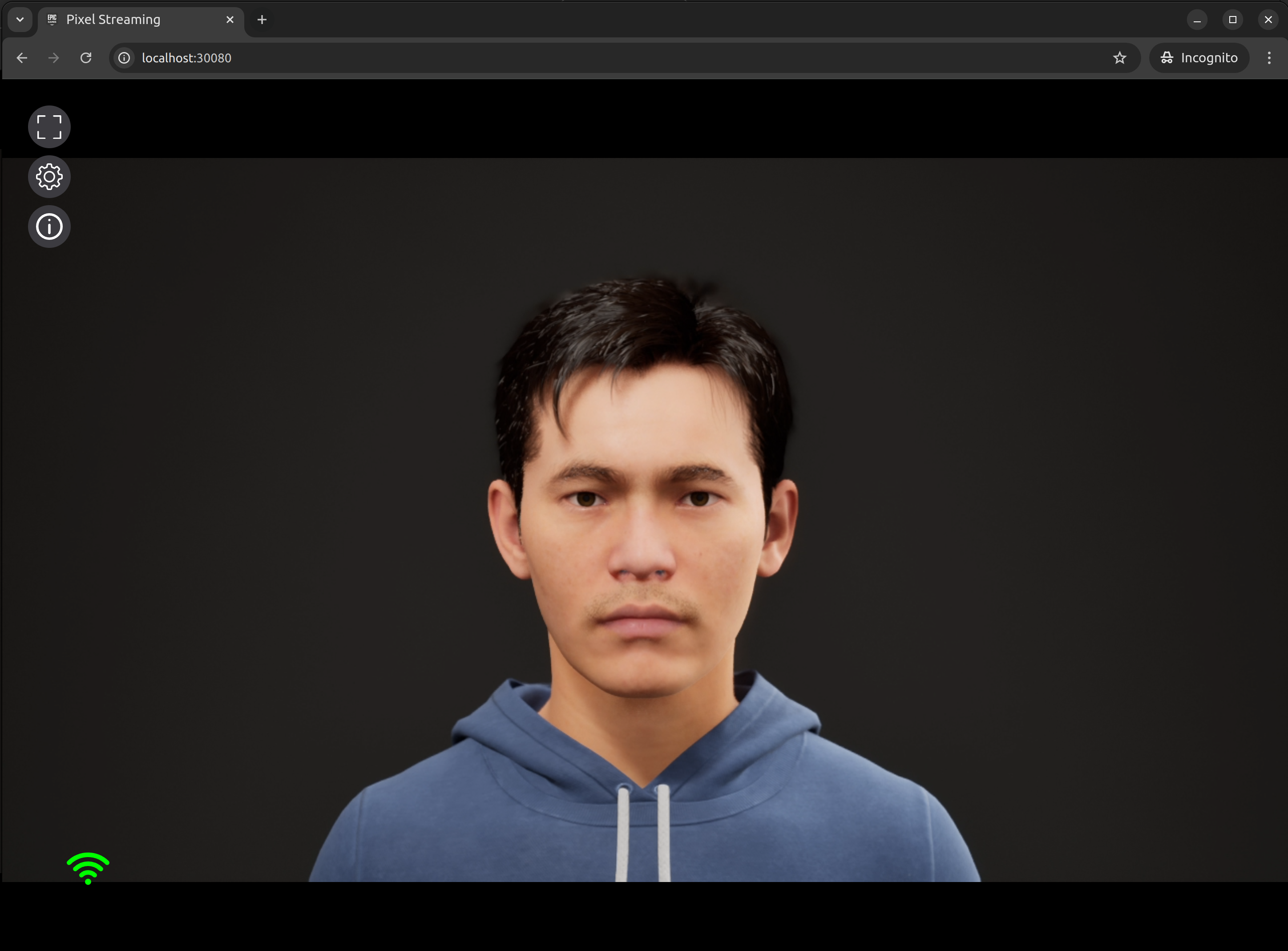 A screenshot of the Pixel Streaming UI rendering an avatar