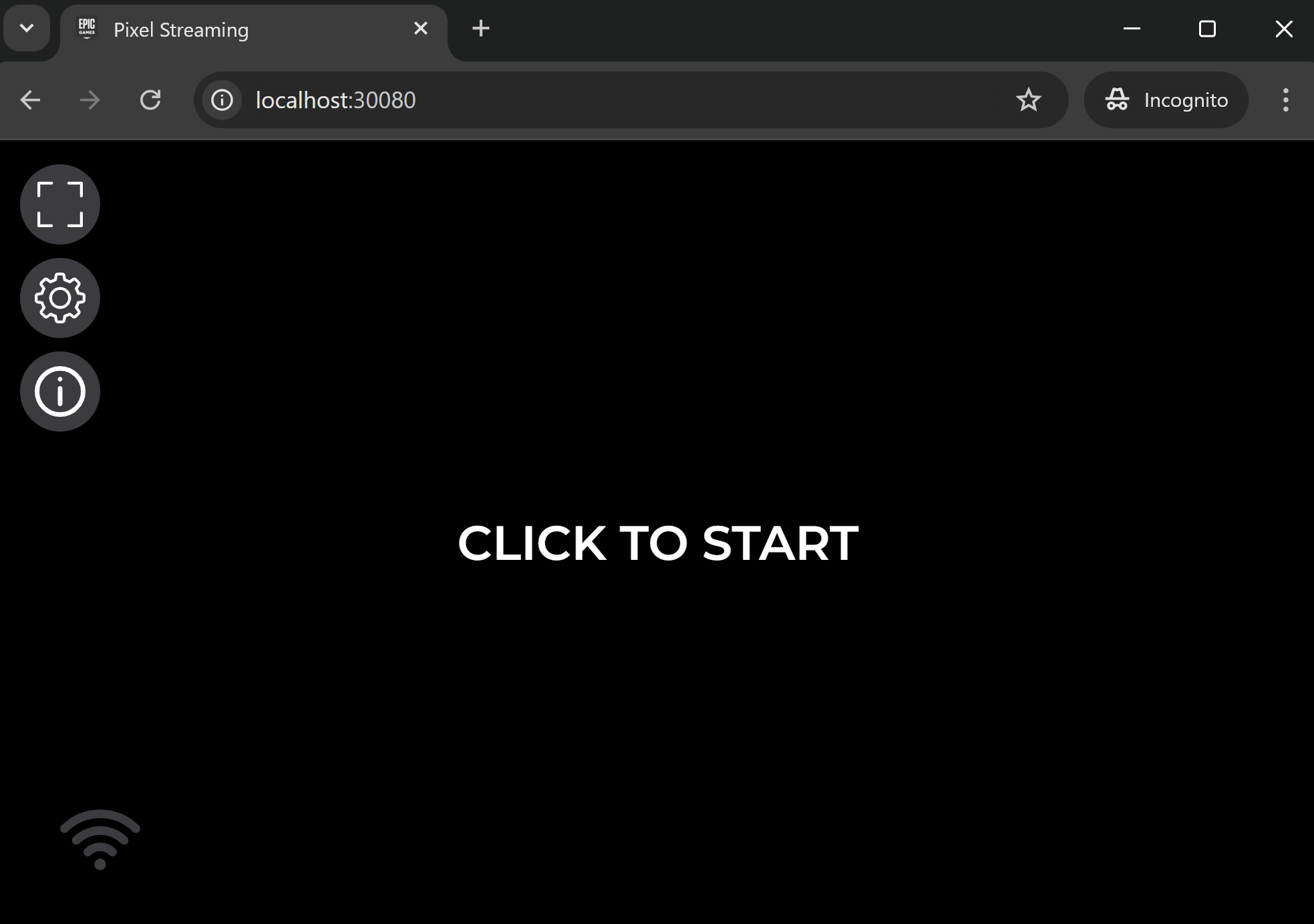 A screenshot of the pixelstreaming web UI's initial screen, which contains a "Click to start" message.