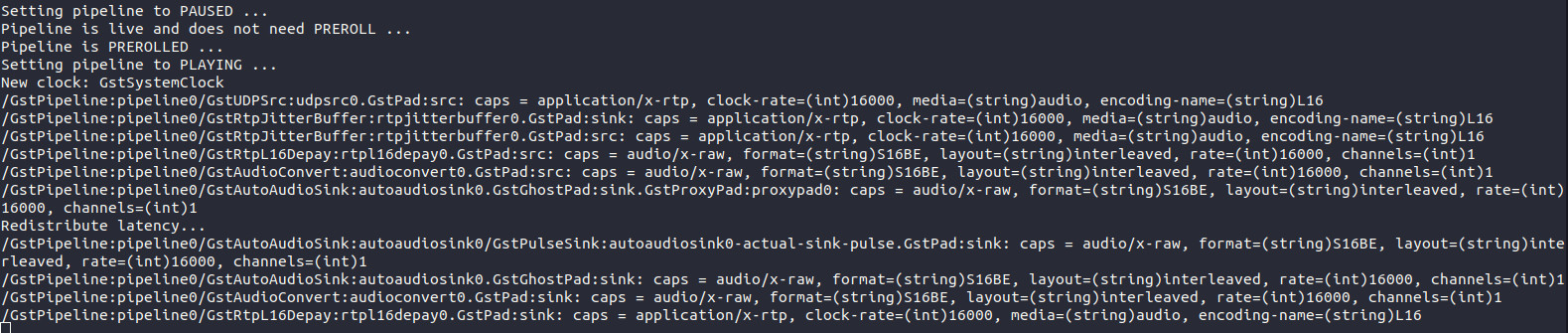Terminal output of Gstreamer audio receiver.