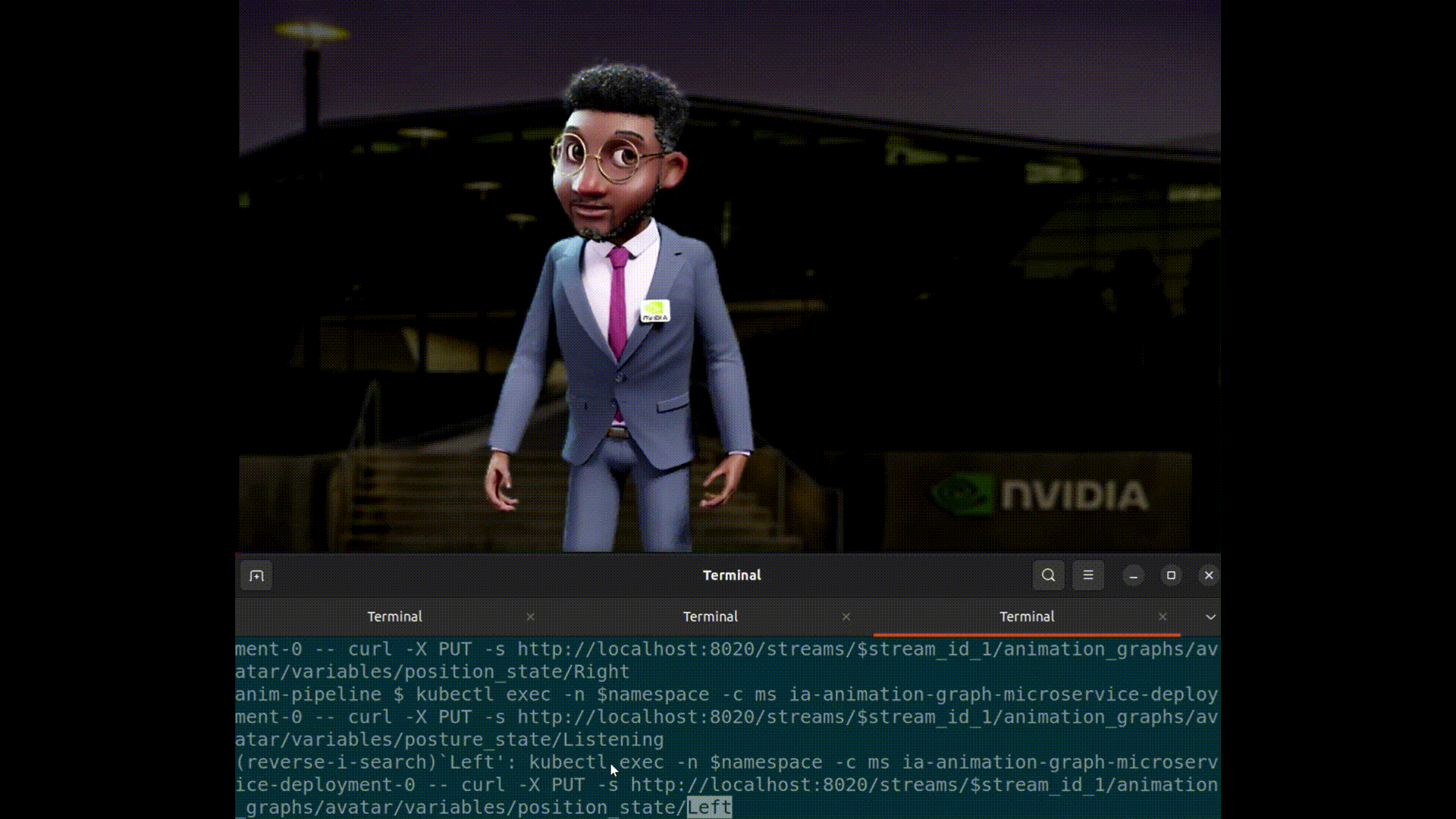 An animated screen capture of the animation pipeline. An avatar is rendered, and performs gestures controlled by API calls made in a terminal.