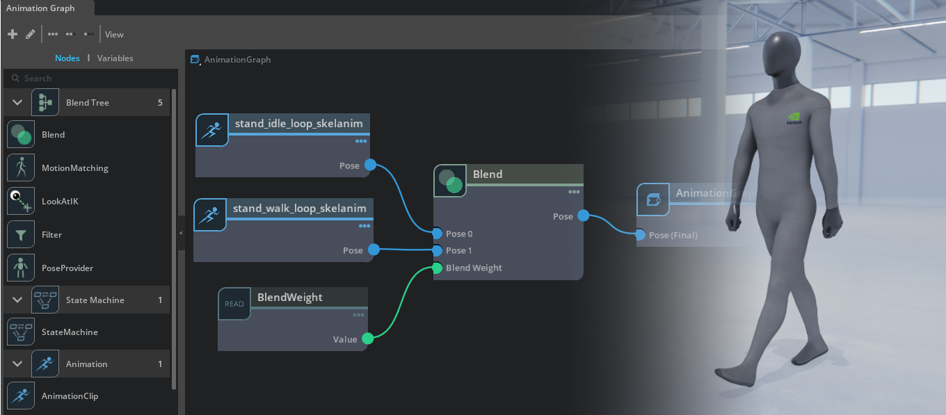 The Animation Graph, is Omniverse’s runtime framework for skeletal animation blending, playback, and control.