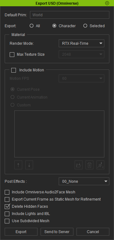 Export: Character, Render Mode: RTX Real-Time, Don't include Motion