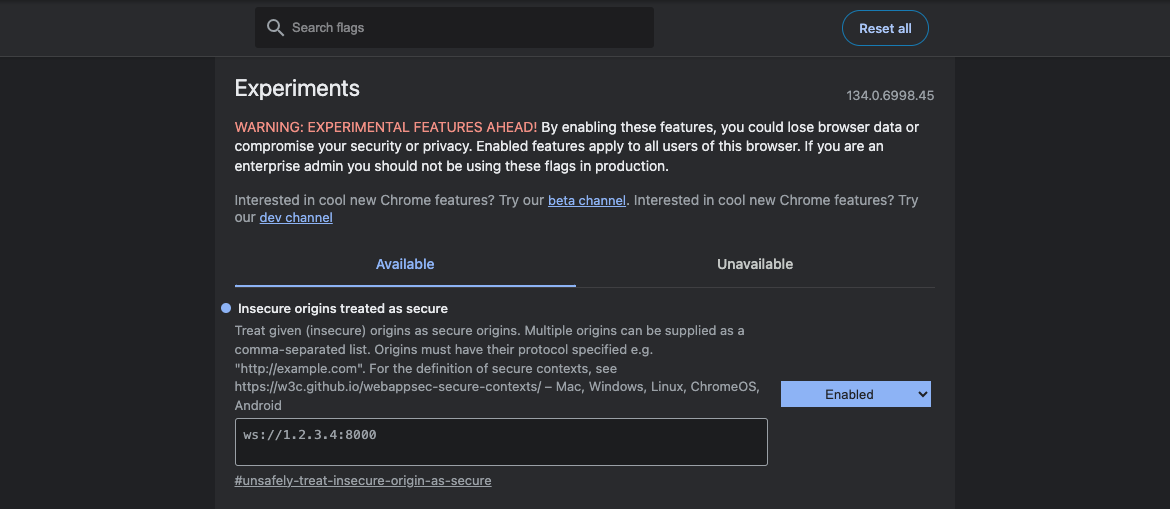 Screenshot of the chrome://flags/ page with the Insecure origins treated as secure section highlighted where the actual IP address of the workstation needs to be specified