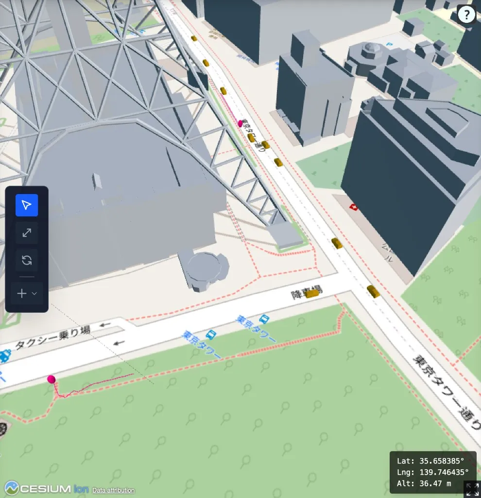 SUMO vehicles on roads and a UE following a pedestrian path