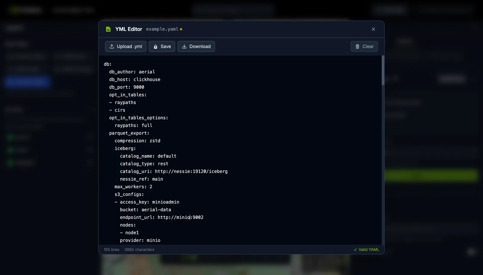 YAML editor modal with upload, save, download, and clear controls