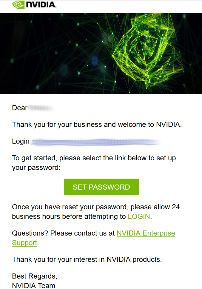 Screen capture showing the e-mail instructing you to set your NVIDIA Enterprise Account password.