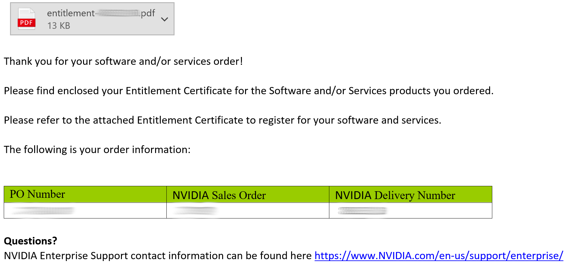 Screen capture showing an order confirmation message for NVIDIA AI Enterprise