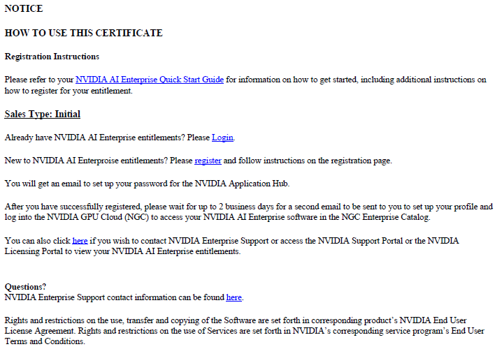 Screen capture showing instructions for using an NVIDIA Entitlement Certificate