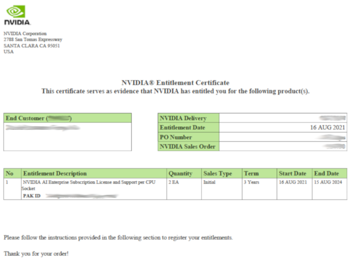 Screen capture showing an NVIDIA Entitlement Certificate