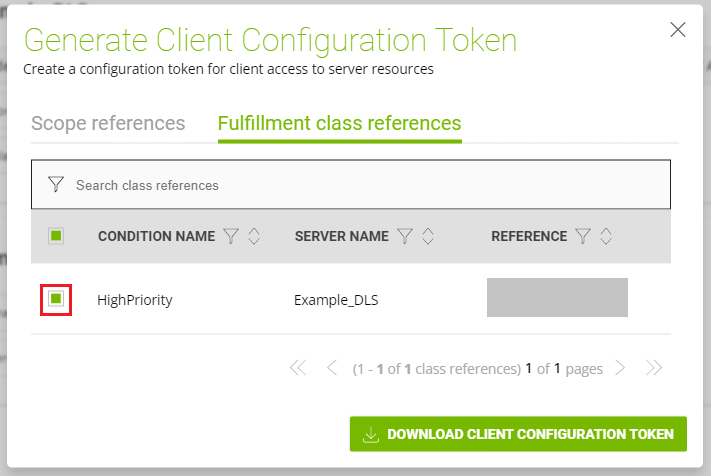 Screen capture showing the selection of scope references and fulfillment class references for inclusion in a client configuration token