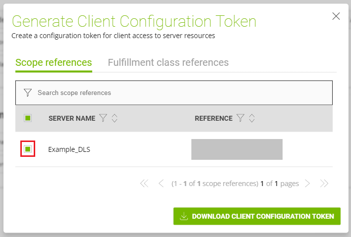 Screen capture showing the selection of scope references and fulfillment class references for inclusion in a client configuration token
