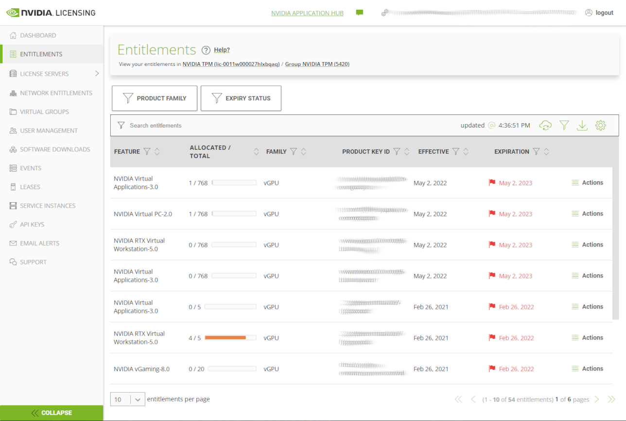 Screen capture showing the NVIDIA Licensing Portal dashboard with all entitlements expanded.