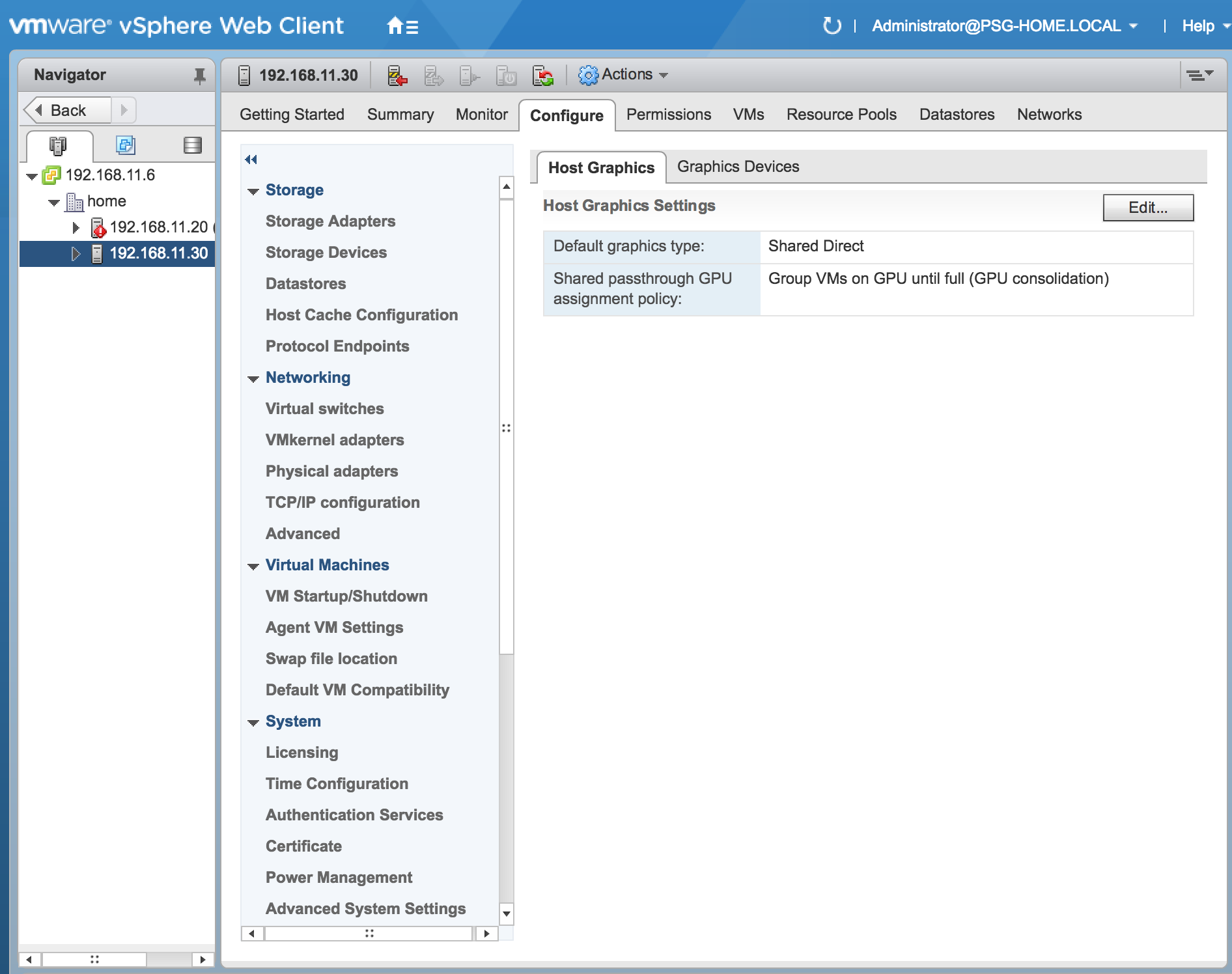 Screen capture of the Host Graphics tab in the VMware vCenter Web UI, showing the default graphics type as Shared Direct and the allocation scheme for vGPU-enabled VMs as depth-first