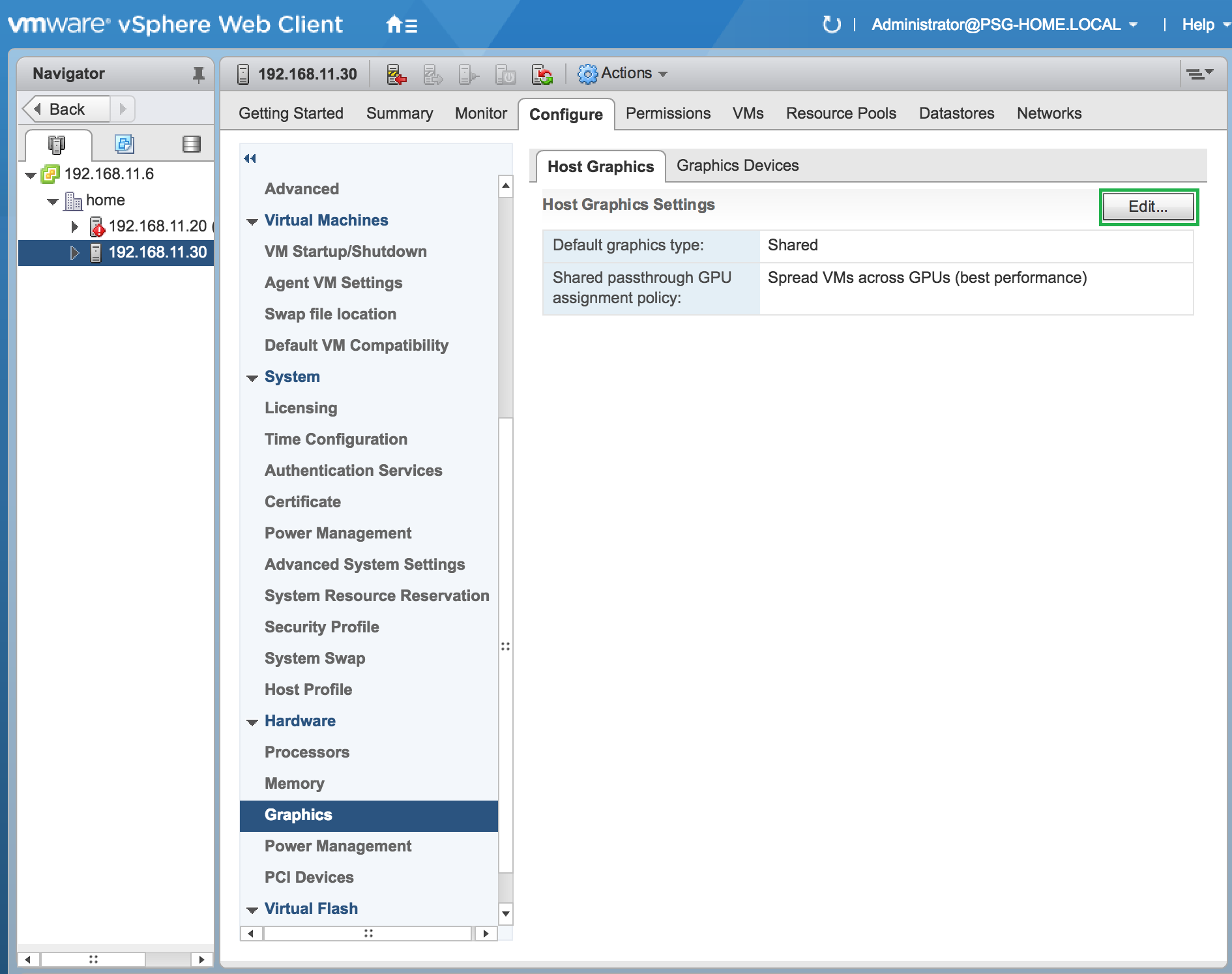 Screen capture of the Host Graphics tab in the VMware vCenter Web UI, showing the default graphics type as Shared