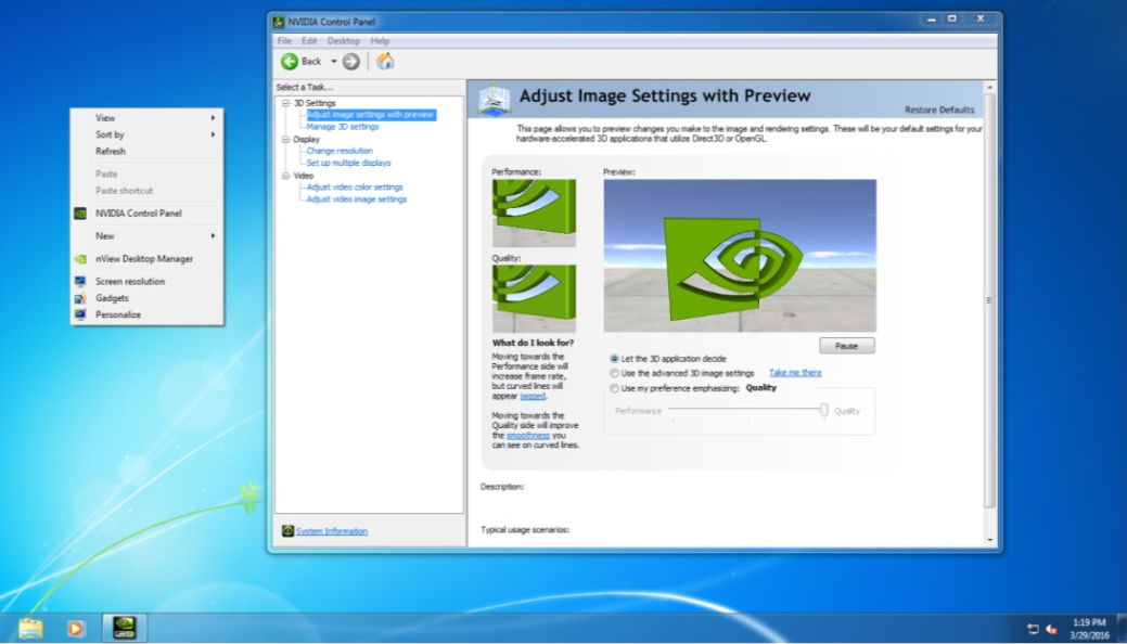 Screen capture showing the verification of NVIDIA driver operation using NVIDIA Control Panel