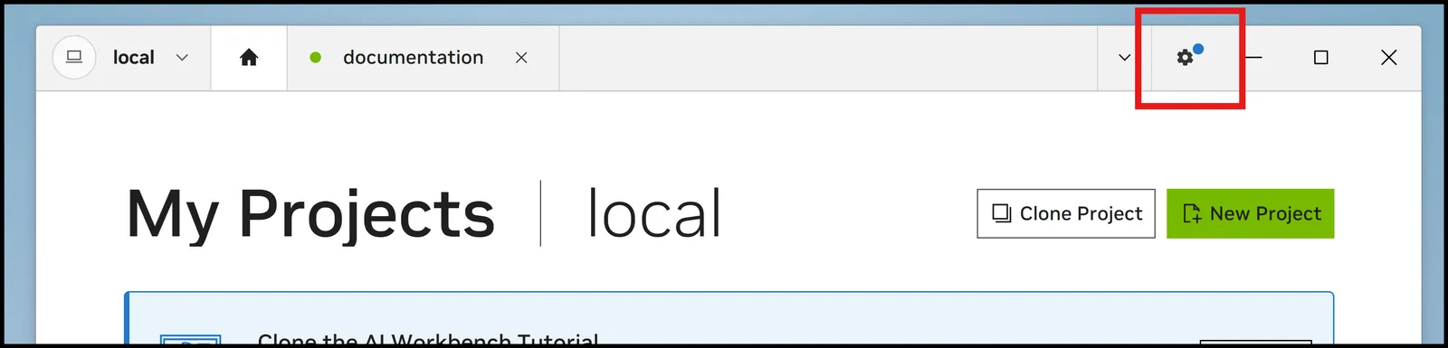 Screenshot of the AI Workbench Desktop App with a red bounding box on the Settings gear icon.