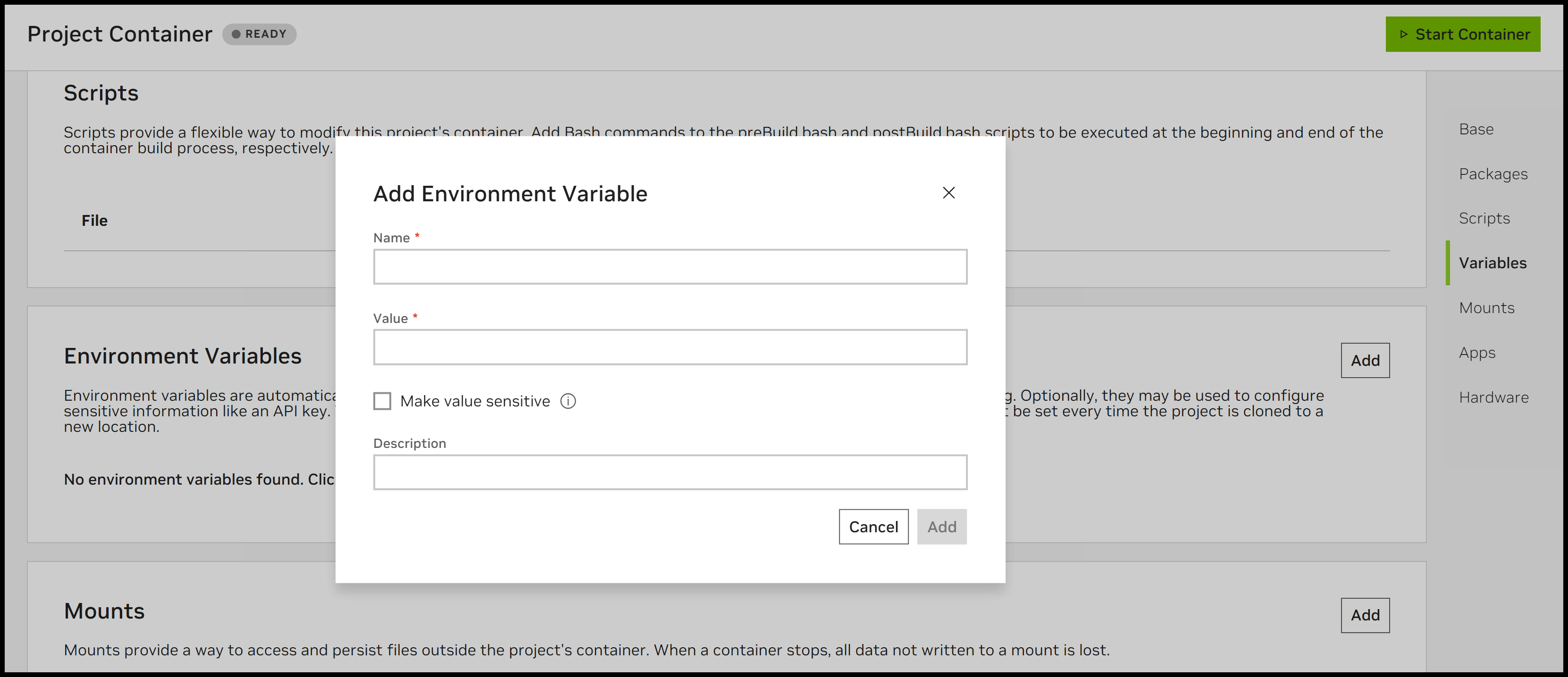 Screenshot of the environment variableconfiguration modal in the Project Container section.