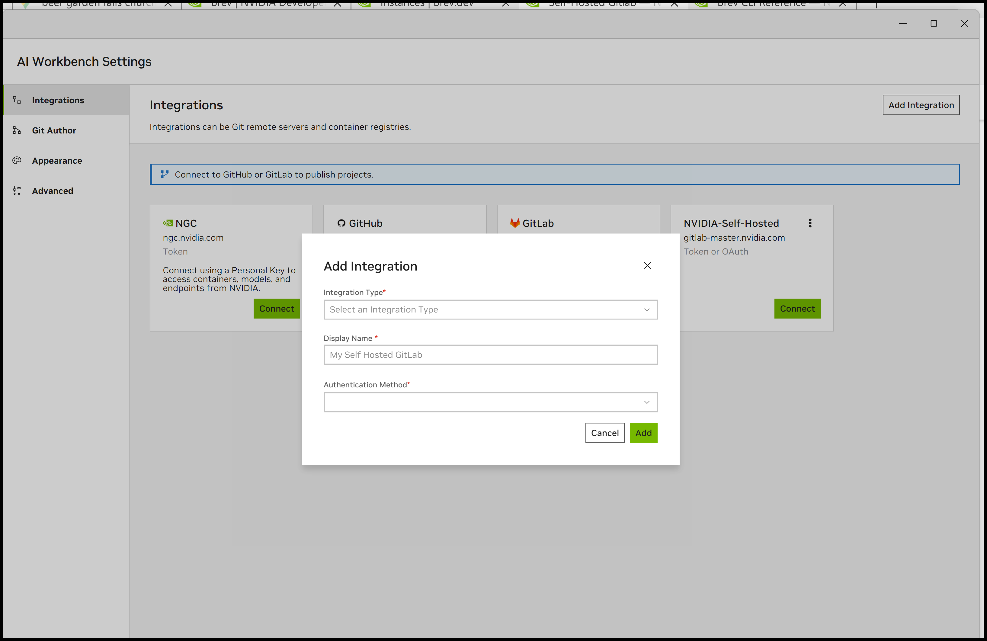 Screenshot of the add integration modal for AI Workbench, showing fields for selecting the integration type, entering the integration name, and entering the integration details.