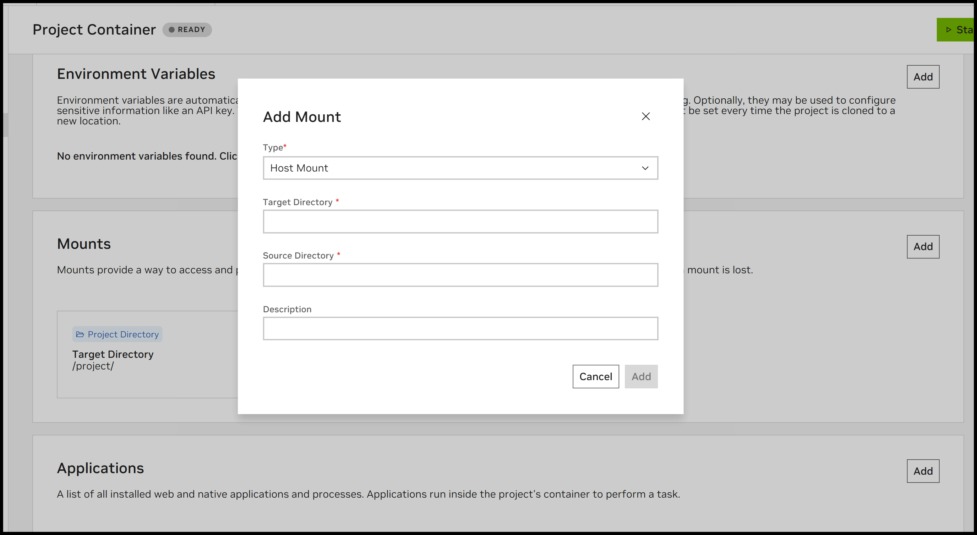 Screenshot of the mount configuration modal in the Project Container section.