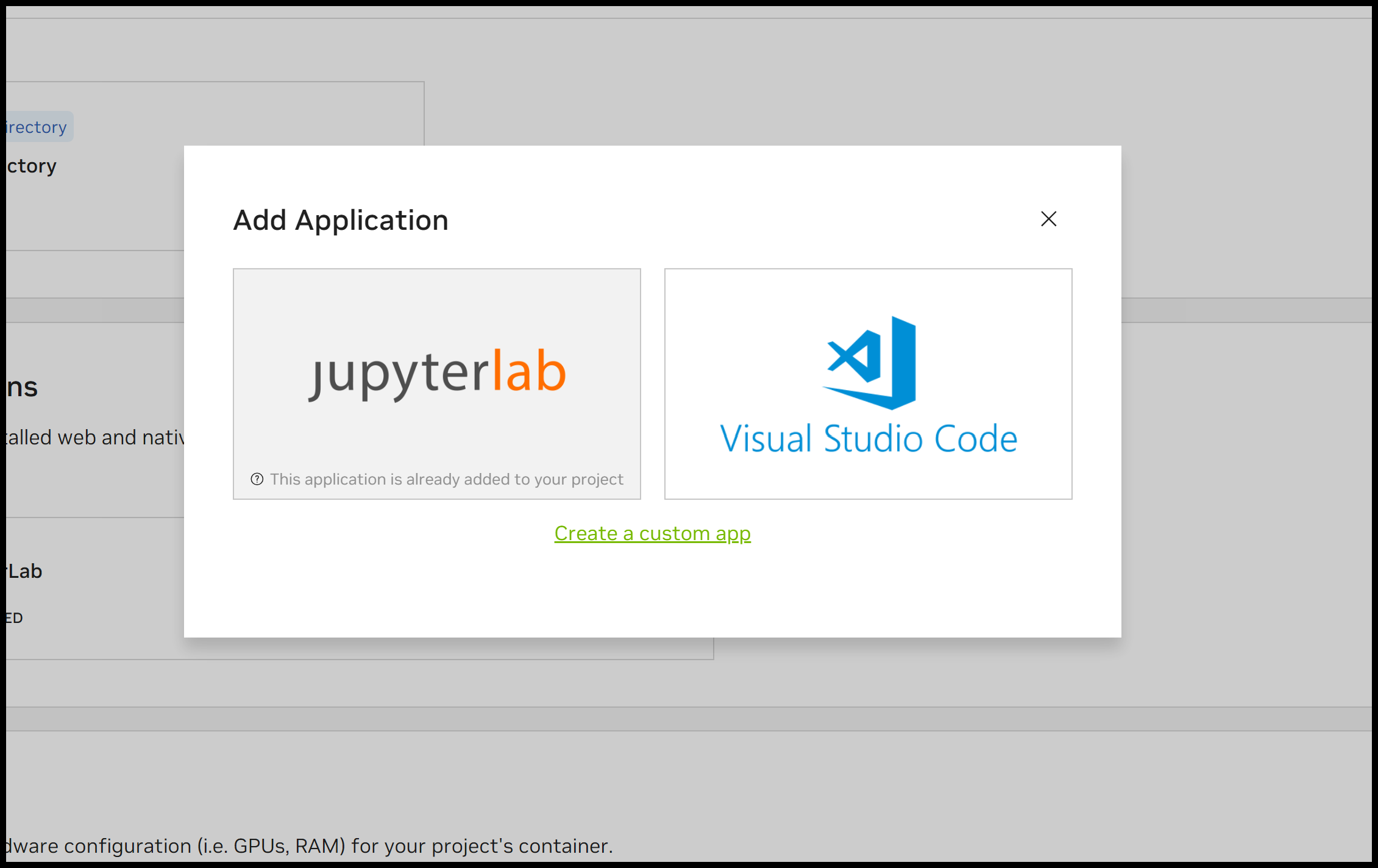 Screenshot of the modal to add VS Code to a project environment. Shows VS Code on the right.