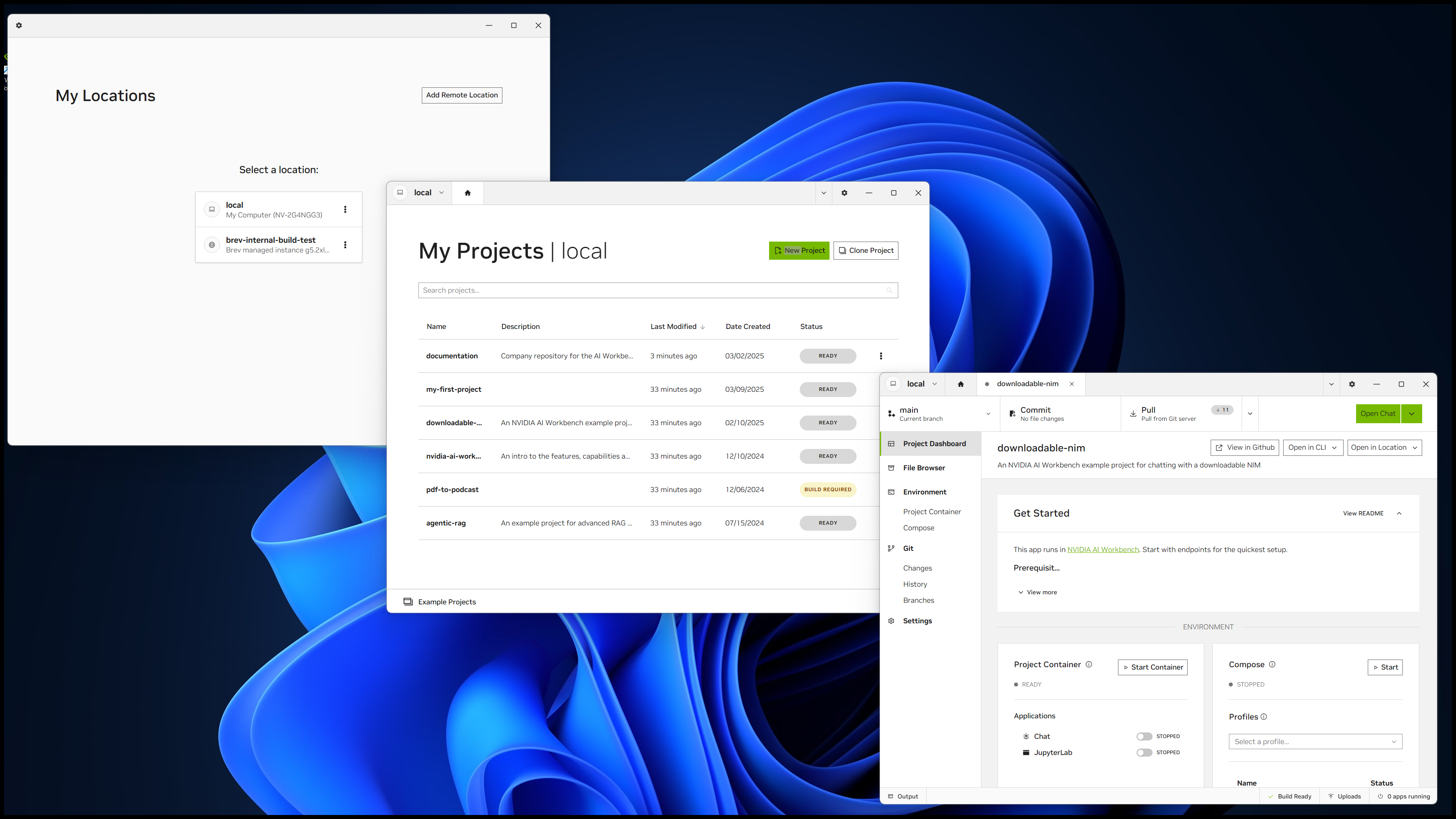 Screenshot of the three main views in the Desktop App: Main Locations, Single Location, and Project.