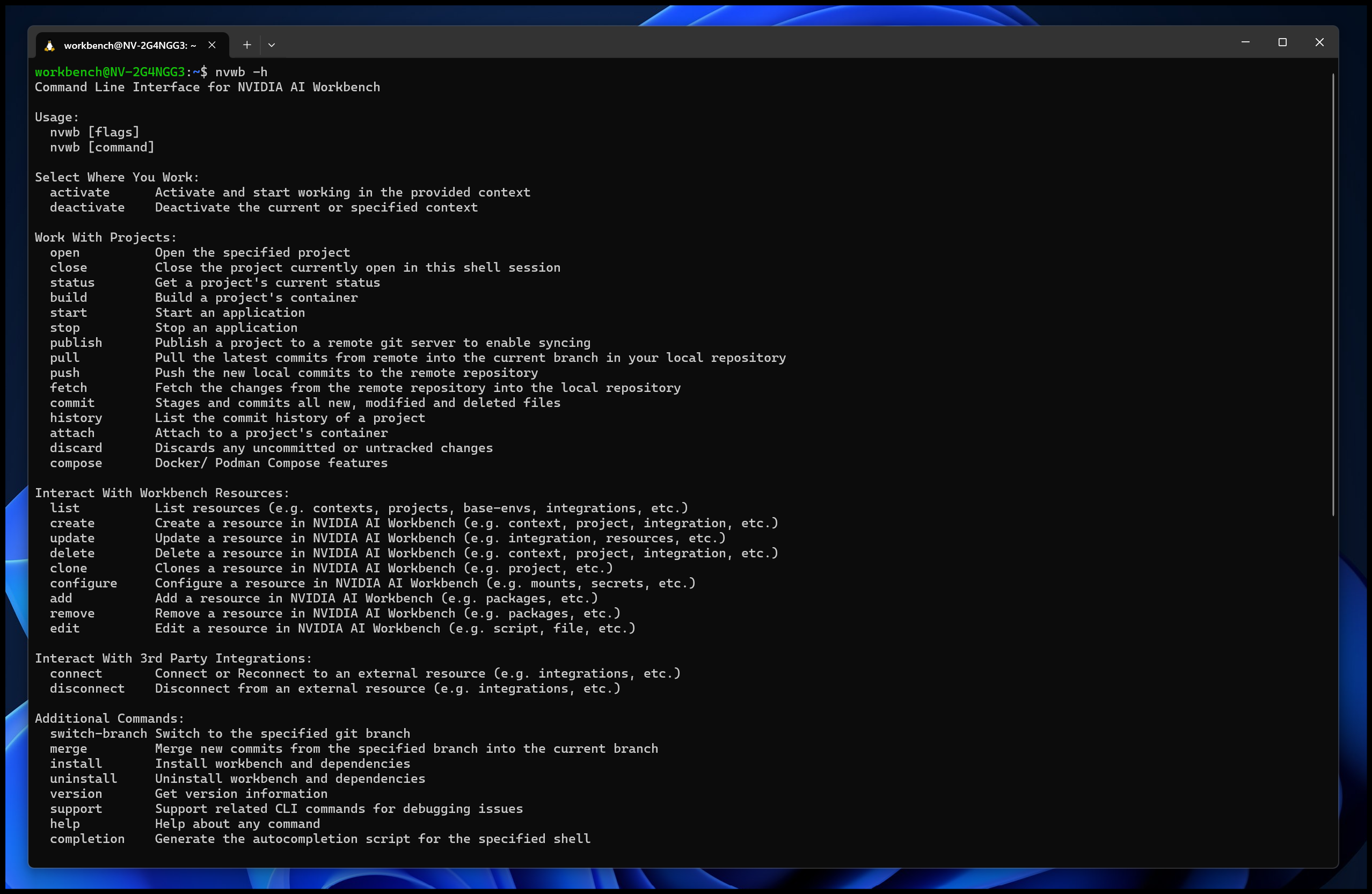 Screenshot of the command line interface help menu.