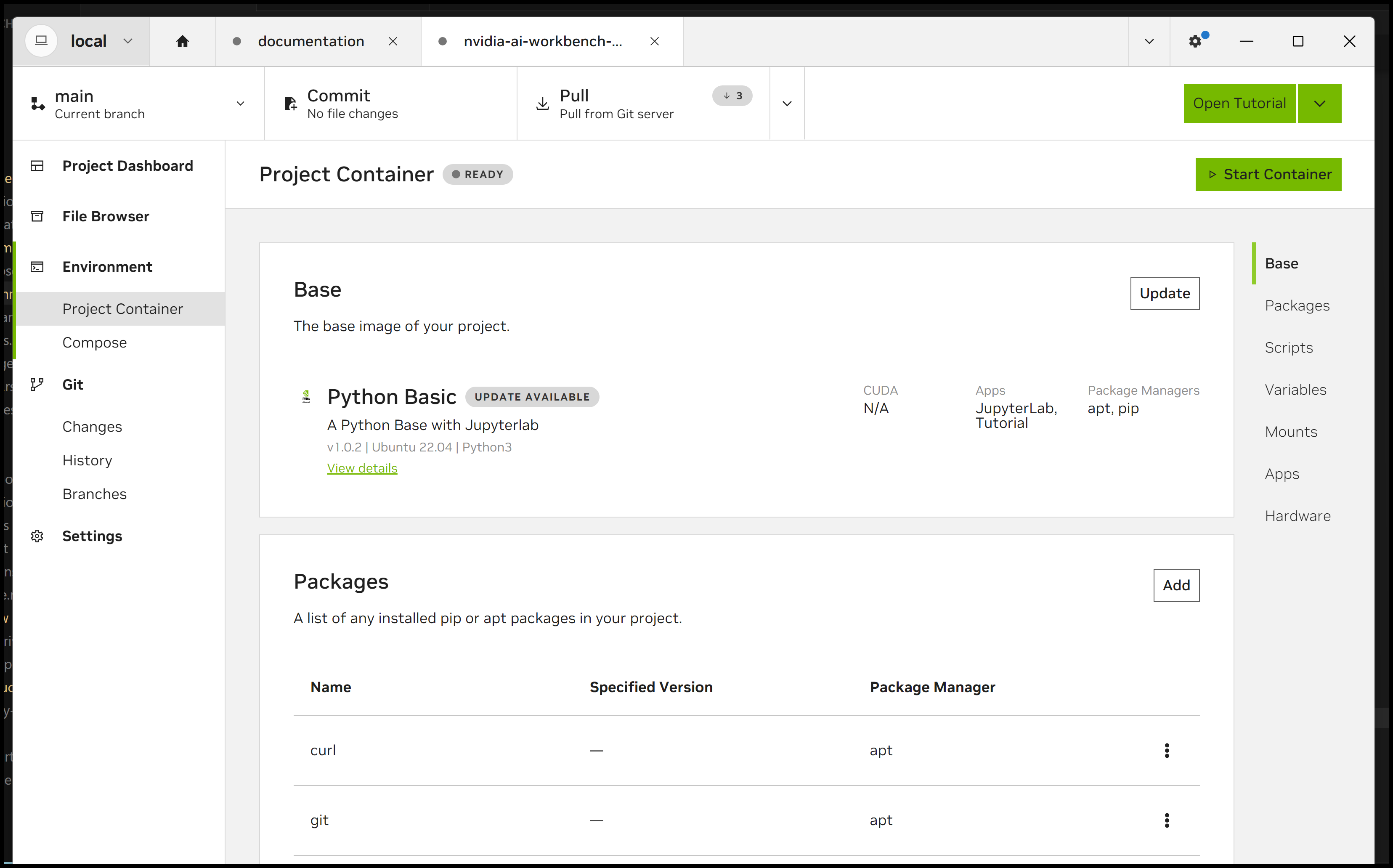 A screenshot of the Desktop App open to the Project Container page for a project, showing affordances.