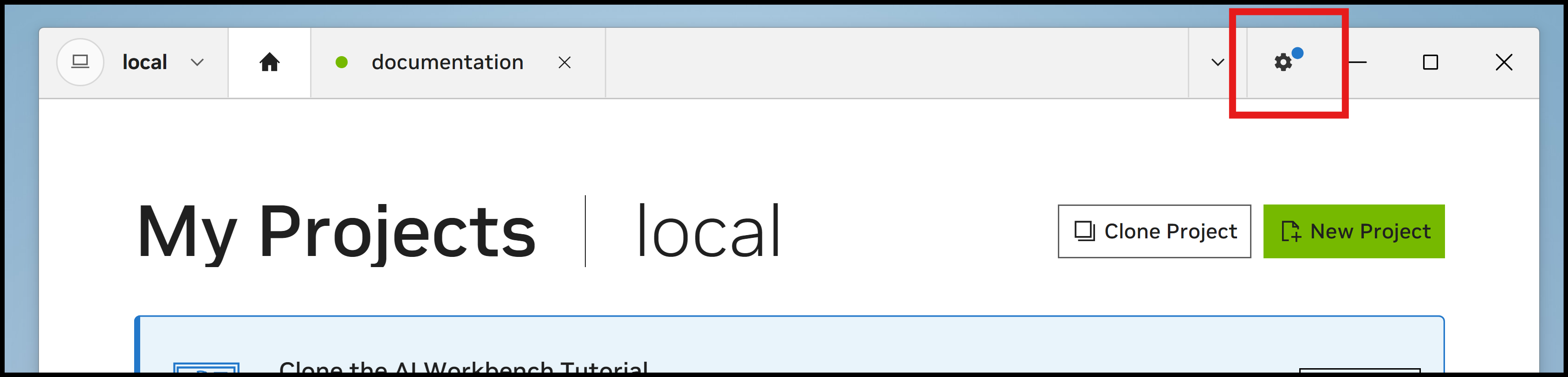 Screenshot of the AI Workbench Desktop App with a red bounding box on the Settings gear icon.