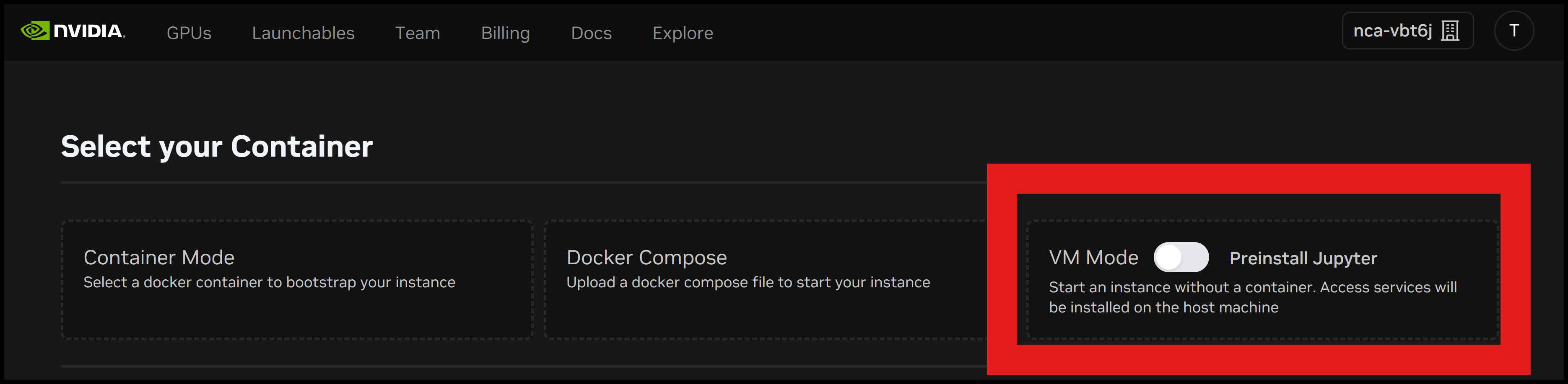 Screenshot of the Brev console, showing the VM mode deployment options.
