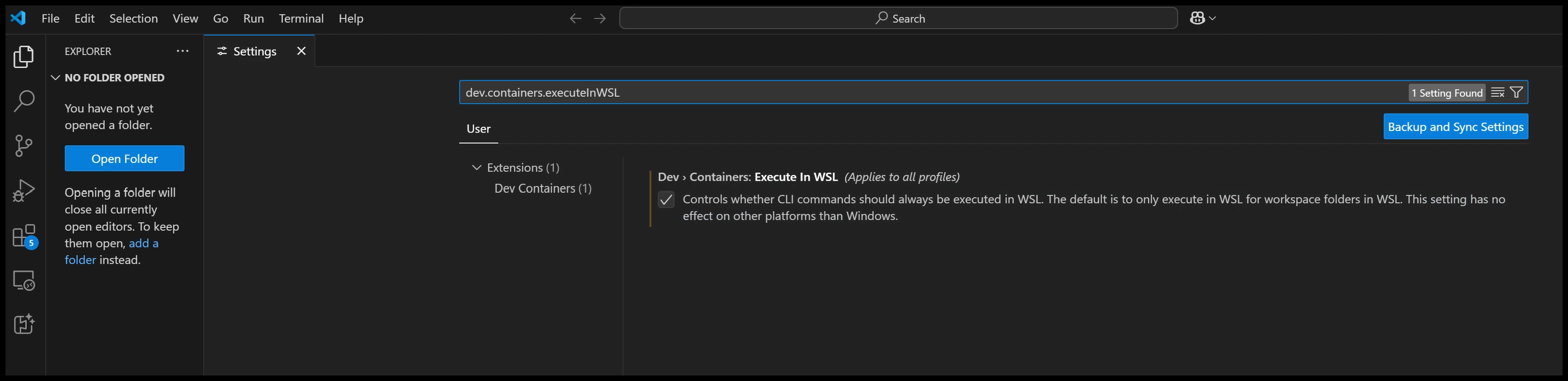 Screenshot of the VS Code settings for WSL configuration.