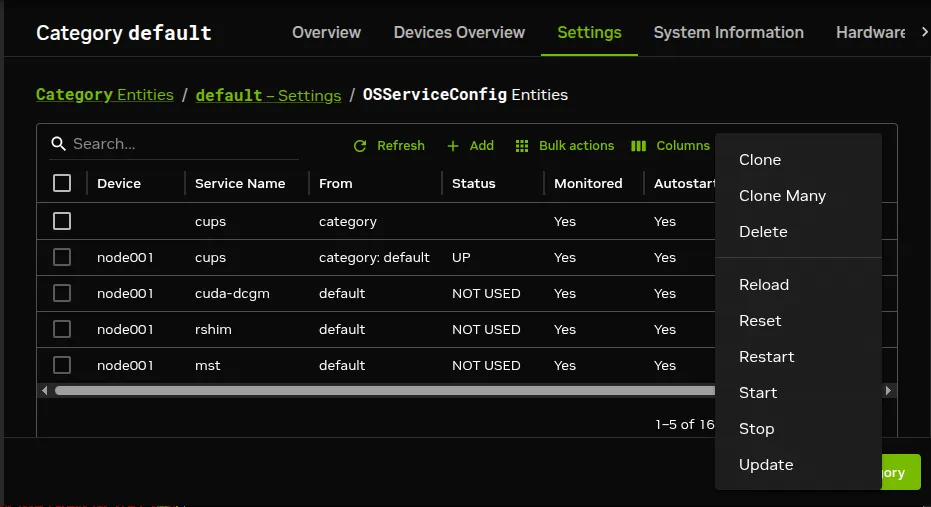 Operating system service options, seen after clicking on ⋮ in Actions column in Base View