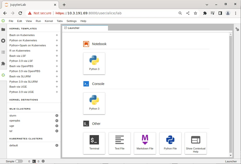 JupyterLab BCM extensions section with kernel templates