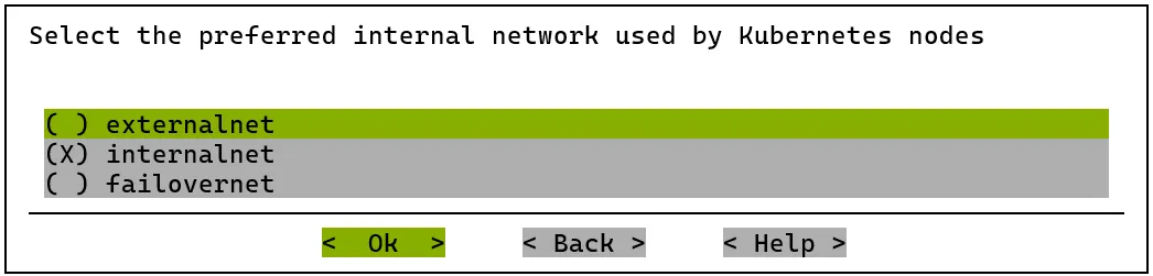 Kubernetes setup TUI session: selecting the internal network