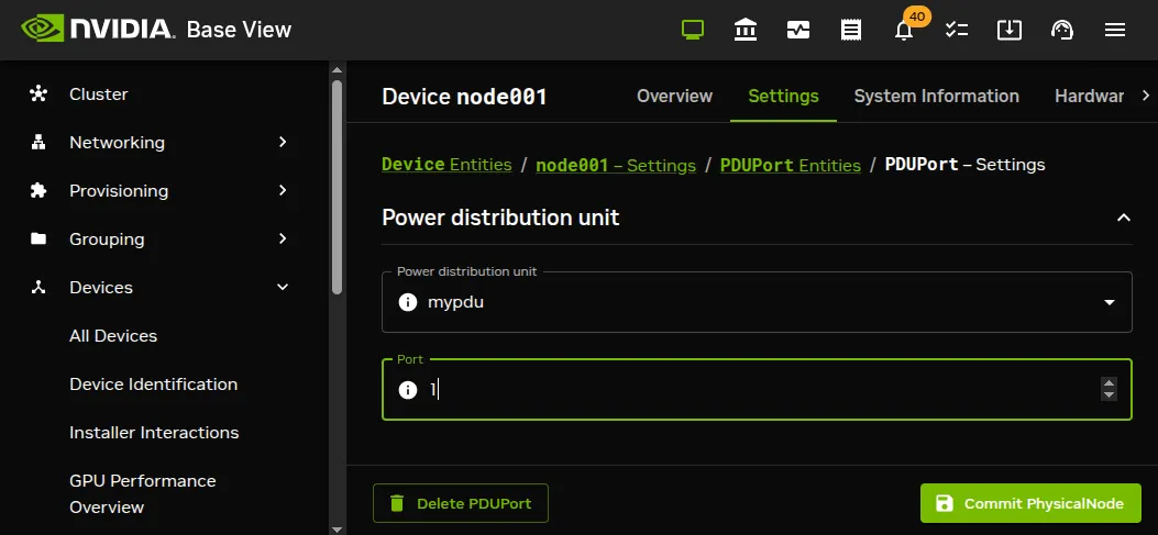 PDU configuration settings for a node