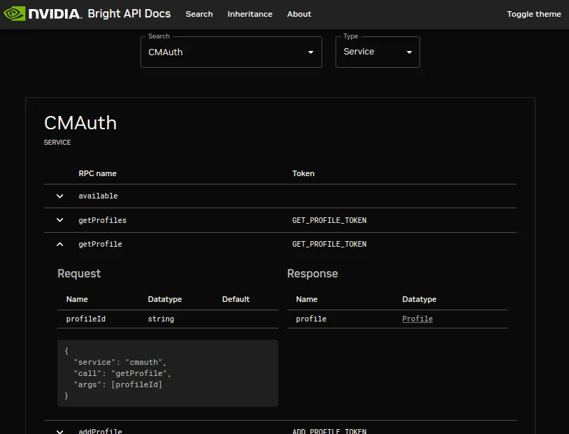 Example of an API documentation search page display result for the expanded view of the getProfile RPC of the CMAuth service