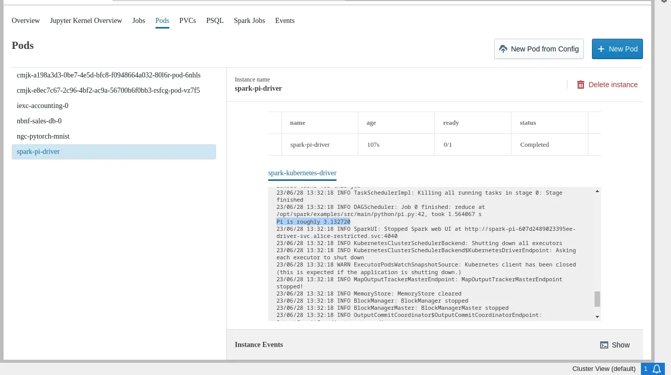 Jupyter Kubernetes Operators Manager: pods tab Spark example execution status