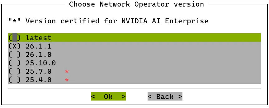 Network operator version selection screen