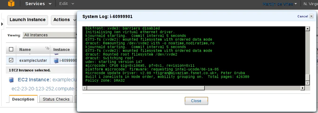 System Log Of The Checkboxed Instance