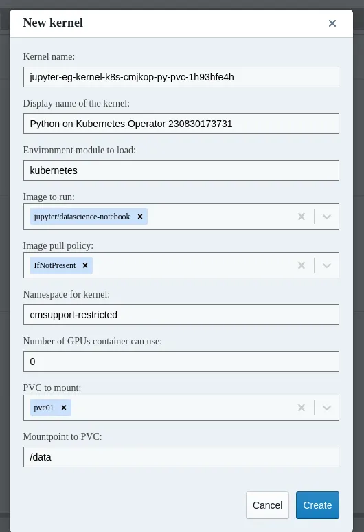 Jupyter Kernel Creator, PVC selection.