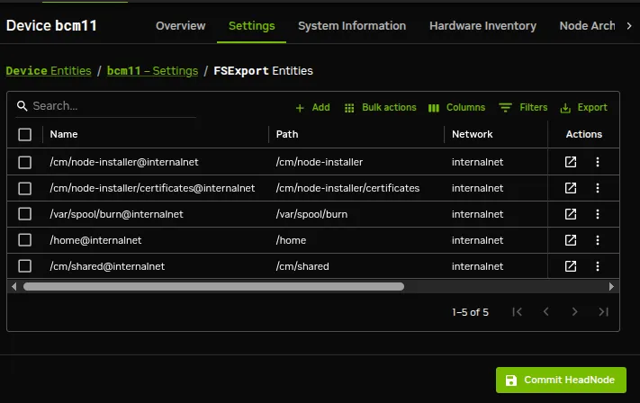 NFS exports from a head node viewed using Base View