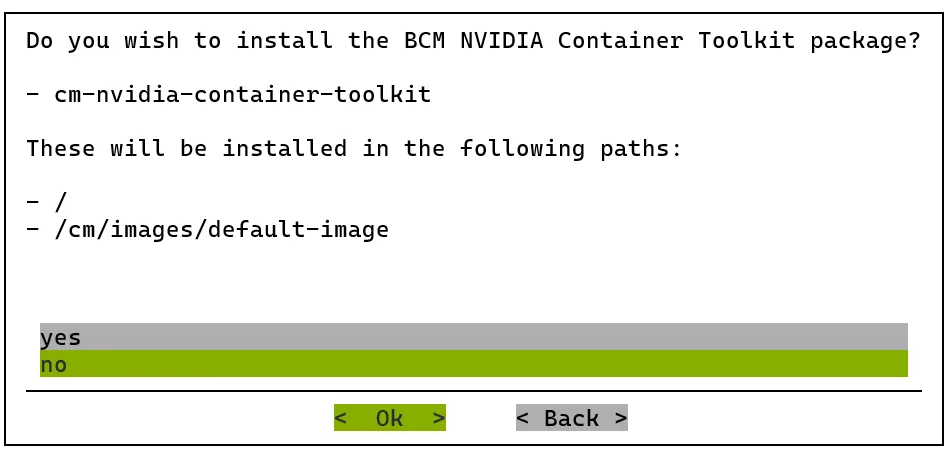 Kubernetes setup TUI session: installing the BCM NVIDIA Container Toolkit package