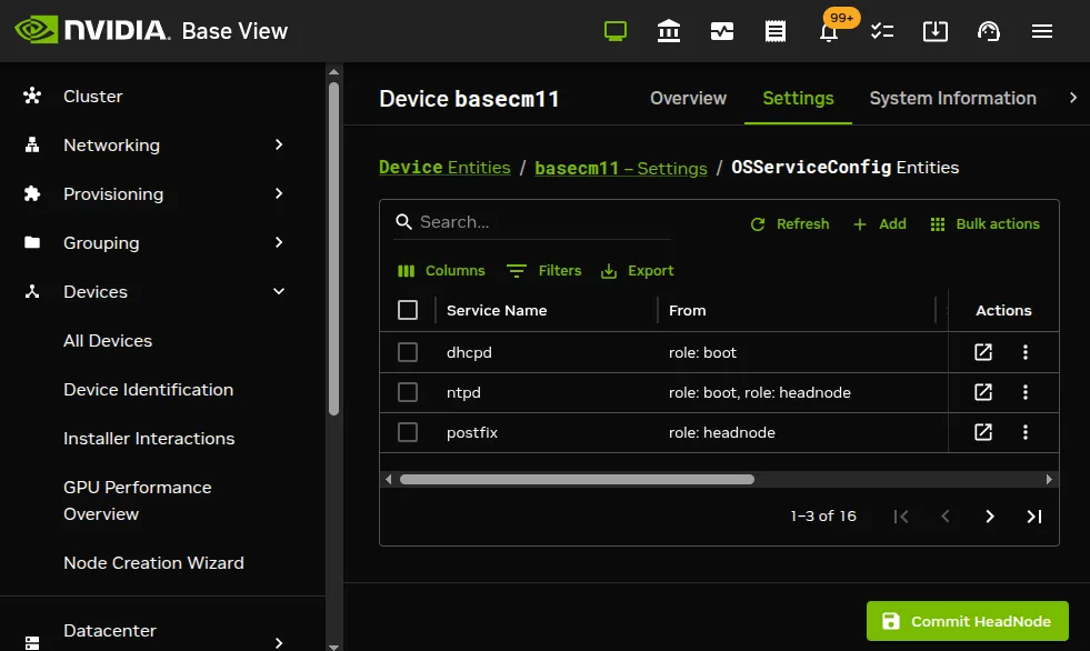Services seen on head node in Base View
