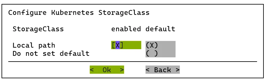Kubernetes setup TUI session: configuring the Kubernetes storage class