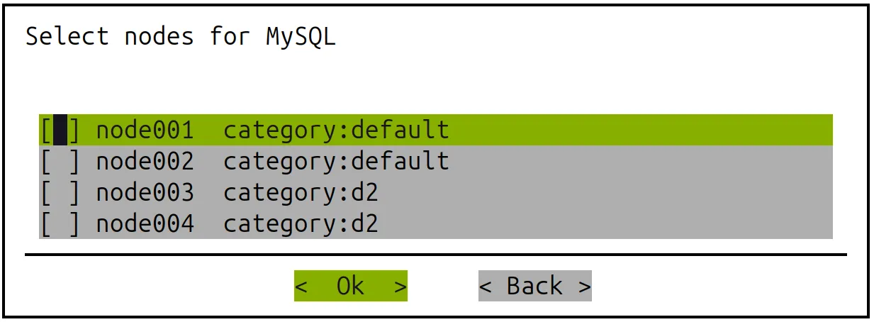 Base View MySQL Installation: Select nodes